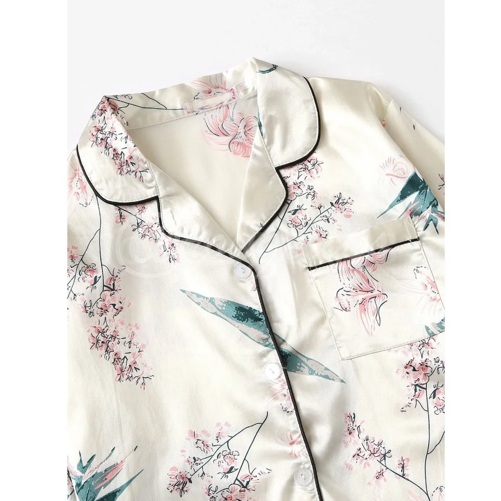 7 Piece Satin Pajama Set in Beige Floral Print - Picture 6 of 7